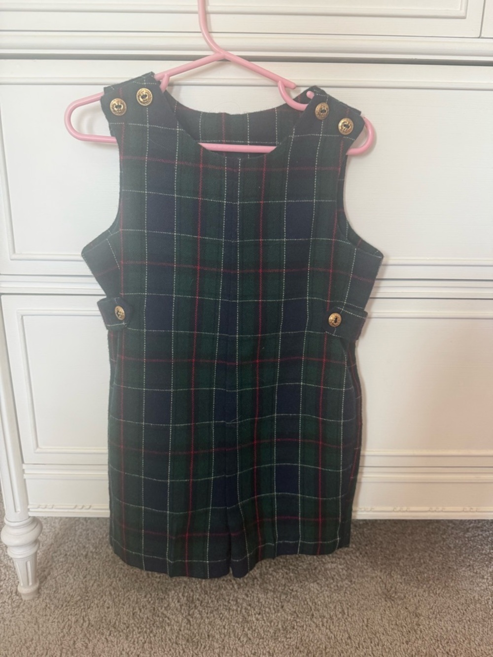 Vintage Girls Plaid Jumper Romper with Gold Buttons